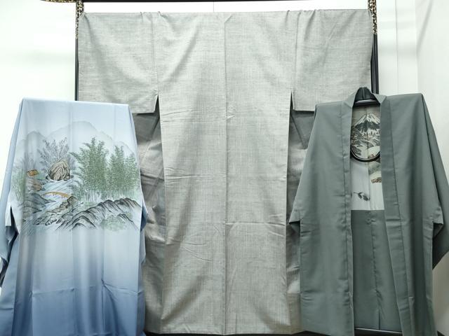 長閑やかさ屋中央局●より良い 成人男性 紬・長羽織・長襦袢書き割り 御召しもの：灰汁色 羽織：柳煤竹色 キングサイズ 珠玉 CZAA5088s6