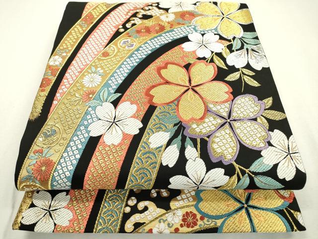 平和屋着物●六通柄袋帯 唐織 枝垂れ桜 黒地 金銀糸 正絹 逸品 DABB1861fe|平和屋