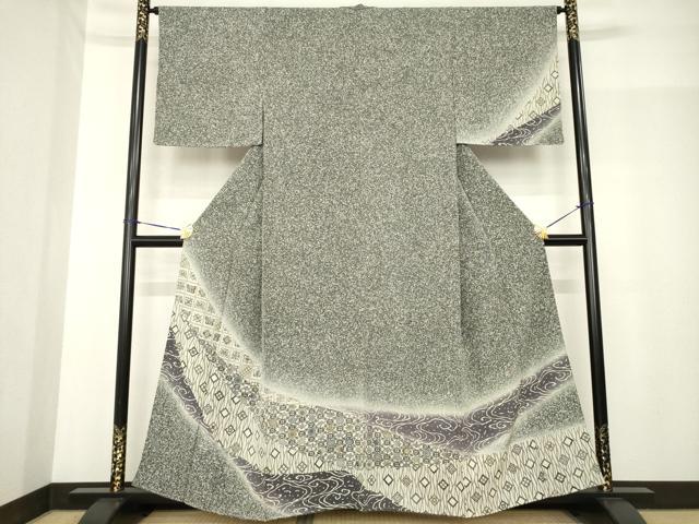 長閑やかさ屋お召しもの●短い訪問着 型染め 水筋花蝶文 暈し染め 正絹 珠玉 未当て嵌める AABF9639ck