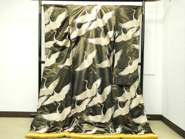長閑やかさ屋中央局●御前上等 西陣 川島織物 色打掛 和装 御芽出度 御芽出度 花嫁御寮 廟堂挙式 唐織 飛鶴文様 黒地 金糸 珠玉 CZAA2524s5