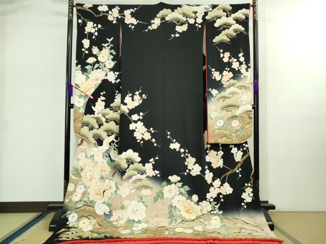平和屋本店●極上　お引きずり・お引き摺り・引き振袖 和装　結婚式　舞妓　芸妓　芸者　吉祥花文　駒刺繍　黒地　金彩　逸品　DZAB2494kh6｜平和屋