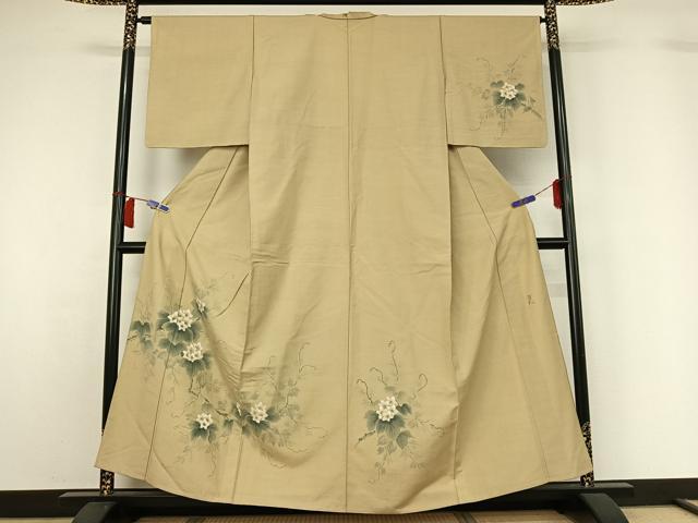平和屋着物▽訪問着　単衣　紬地　作家物　手描き　草花文　正絹　逸品　AABH5604jh｜平和屋