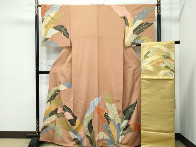 長閑やかさ屋中央局●御前上等 ジャパンハイファッション 渡辺雪三郎 短い訪問着・袋帯書き割り 吉祥植物文 金彩 焦香色地 珠玉 CZAA5222s6