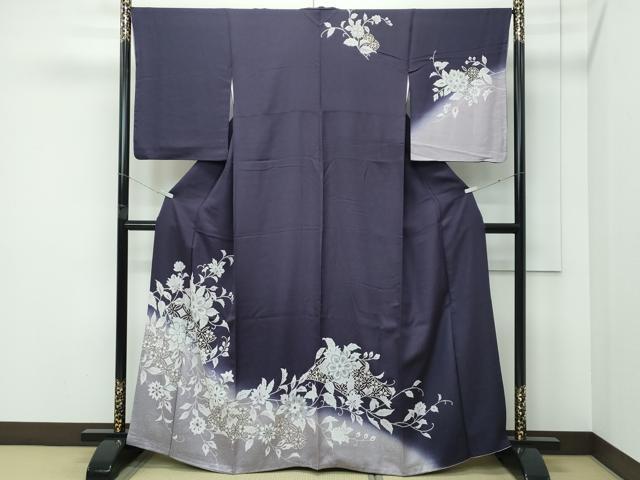 平和屋本店●極上 訪問着 更紗花文 暈し染め 金彩 紫黒色地 逸品 CZAA5239s6