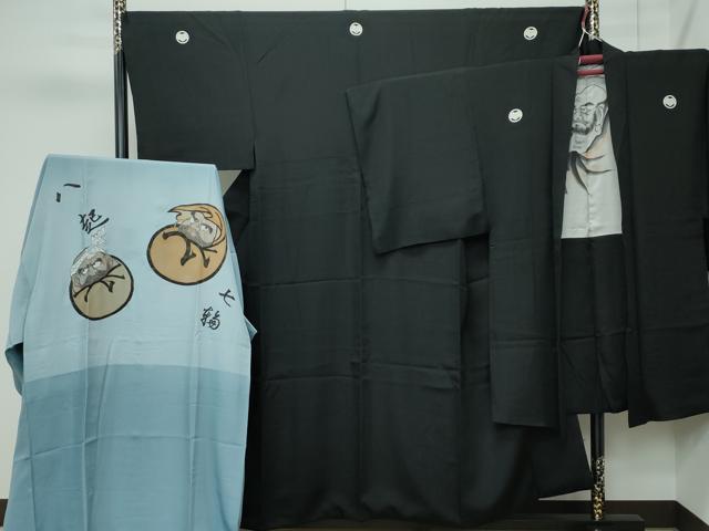 長閑やかさ屋中央局●御前上等 成人男性 黒紋付 羽織・長襦袢書き割り 羽裏：人となり文 近鉄取りまわし 珠玉 CZAA5246s6