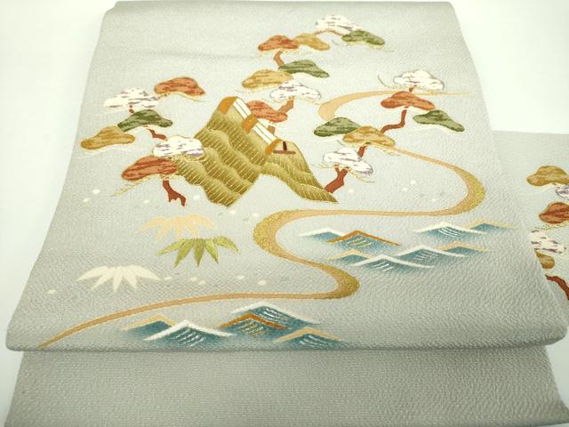 長閑やかさ屋御召しもの●打ち立てる130年 日本の首都染繍友禅 大彦 九寸名古屋帯 刺しゅう 水流見晴らし文 鬼しぼクレープ 現ナマ糸 正絹 珠玉 DABB4693ps