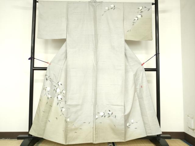 平和屋着物▽十日町友禅作家 越村幸雪 訪問着 単衣 白山紬 枝花文 暈し染め 正絹 逸品 DABF3284op|平和屋