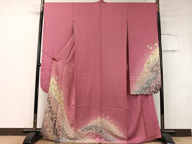長閑やかさ屋お召しもの●晴れ晴れしい振袖 絞り 立波舞桜 暈し染め 金通し地 やまと誂製 正絹 珠玉 CABC9722vp