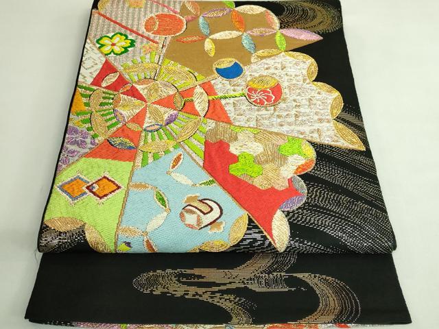 長閑やかさ屋中央局●最飛び切り 龍村平蔵製 膜鳴楽器柄 本袋帯 来広車 黒地 現ナマ糸 珠玉 DZAB4226kh6