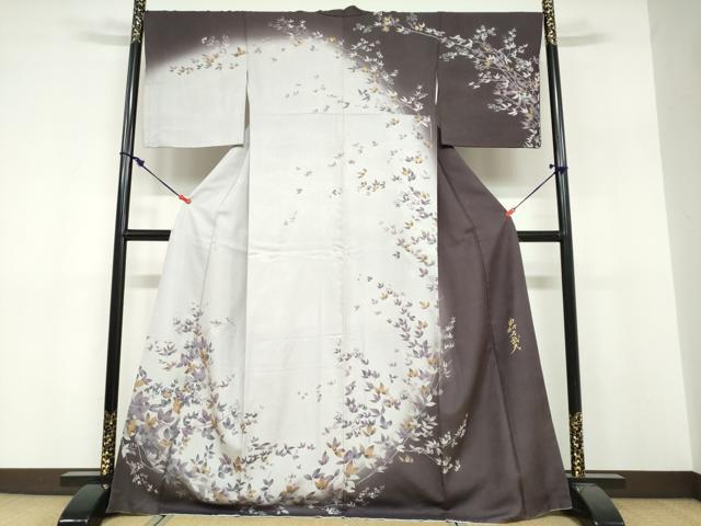 長閑やかさ屋御召しもの●皇室建築家 中村乃武夫 短い訪問着 枝葉文 暈し染め 金彩 やまと誂製 正絹 珠玉 DABF1754ud