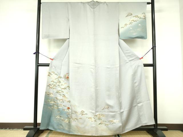 長閑やかさ屋御召しもの▽短い訪問着 単衣 刺しゅう 雪輪花松文 暈し染め 金彩 正絹 珠玉 DABF3137op