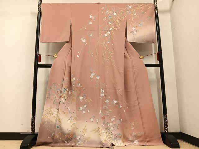 長閑やかさ屋御召しもの●短い訪問着 枝花文 暈し染め 金彩 三越取りまわし 正絹 珠玉 未当て嵌める AABF4511ph