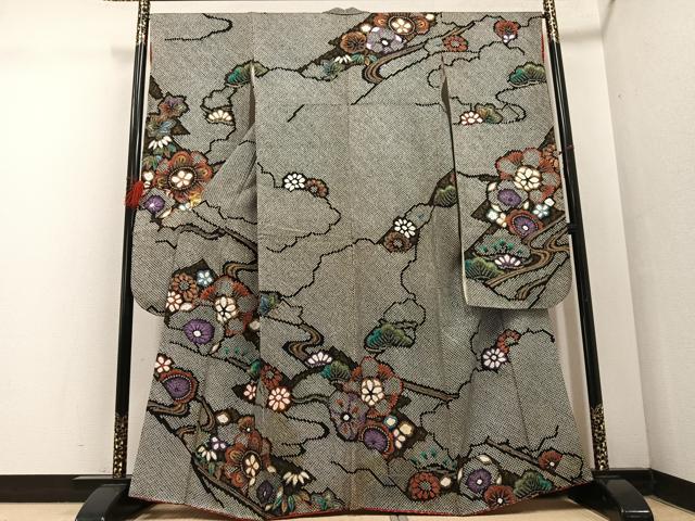 平和屋着物●豪華振袖　絞り　草花文　黒地　金彩　正絹　逸品　AABF5335ph｜平和屋
