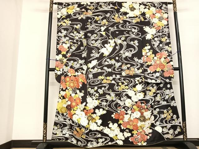 平和屋着物●豪華振袖　草花文　黒地　金彩　正絹　逸品　AABF0740fy｜平和屋