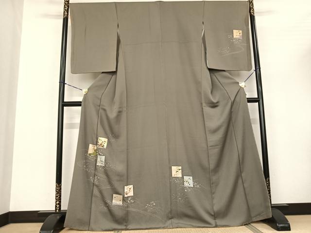 平和屋着物●訪問着　手描き　色紙花鳥文　金糸　金彩　正絹　逸品　AABF0750fy｜平和屋
