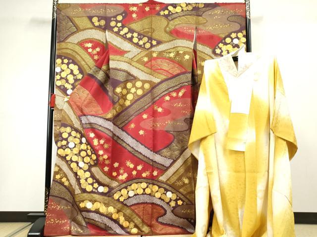平和屋着物●十日町 名門青柳謹製 振袖・長襦袢(袷)セット 駒刺繍 絞り 舞花文 金彩 長襦袢:半衿刺繍 広衿仕立て 正絹 逸品 AABF5187cs|平和屋