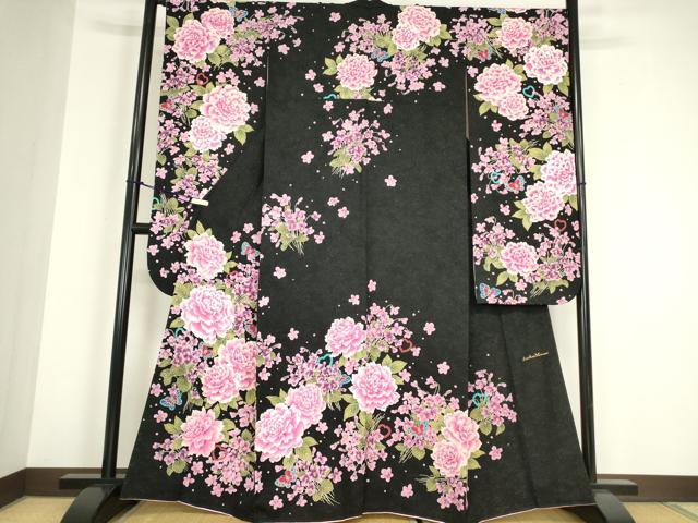 長閑やかさ屋御召しもの●晴れ晴れしい振袖 絵描き物 ハート形 舞蝶花文 黒地 銀通し地 正絹 珠玉 DABC3243az