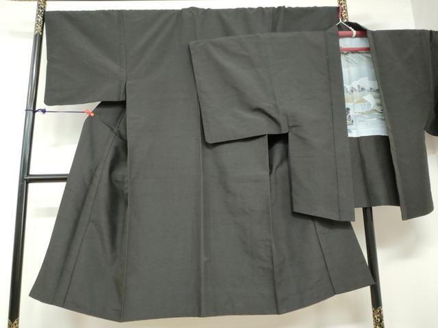 平和屋着物●男性　紬　アンサンブル　鉄黒色　正絹　逸品　DABB0426ud｜平和屋