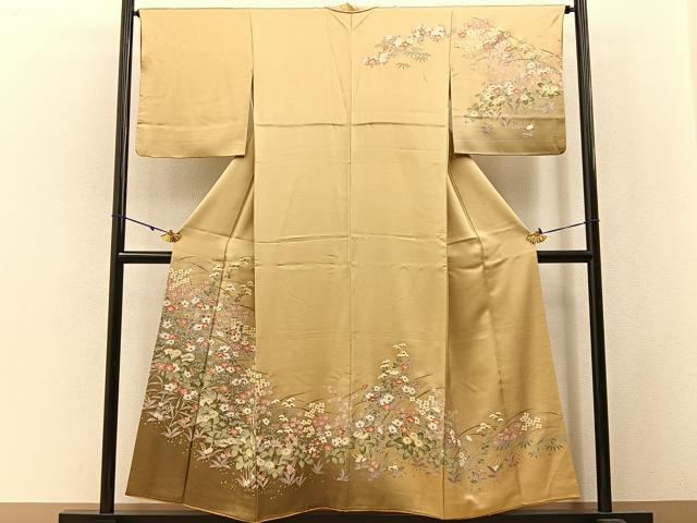 長閑やかさ屋御召しもの●短い訪問着 被子植物文 暈し染め 金彩 正絹 珠玉 BAAW5195hj