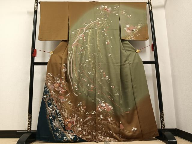 平和屋着物●訪問着 駒刺繍 地紙群れ鶴花蝶文 暈し染め 金彩 正絹 逸品 AABF6110ph|平和屋