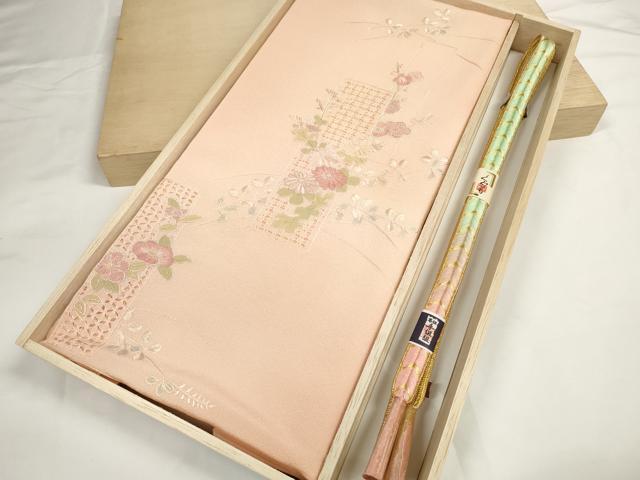 平和屋着物●和装小物 帯締め・帯揚げセット 中国三大刺繍 汕頭 相良刺繍 駒刺繍 総刺繍 短冊花 手組紐 金糸 逸品 未使用 DABC1532zzz