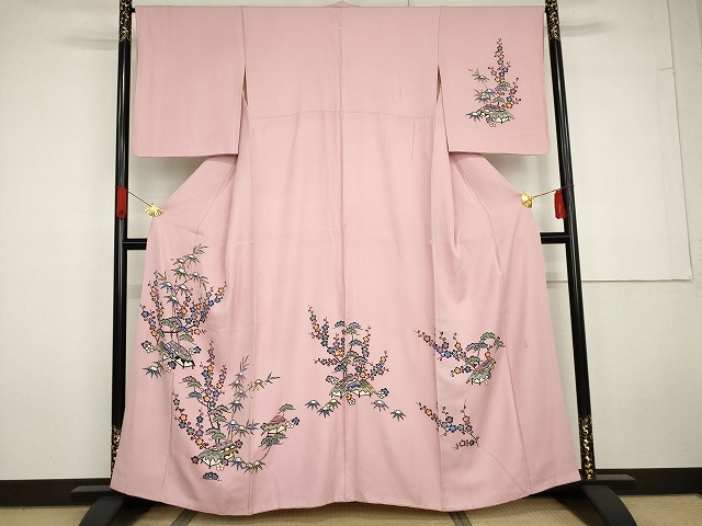 長閑やかさ屋御召しもの●発祥地琉球紅型 琉球びんがた 知念紅型科学研究所 知念貞男 短い訪問着 松竹梅 見晴らし文 正絹 珠玉 AABG5435cs