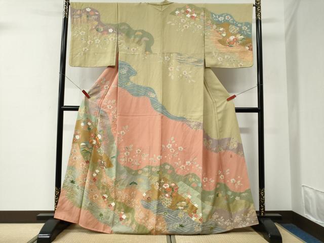 平和屋着物●訪問着　作家物　駒刺繍　竜田川雪輪吉祥花唐草文　金彩　正絹　逸品　CABE2937yc｜平和屋
