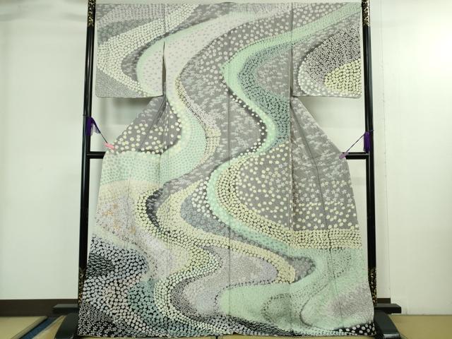 長閑やかさ屋中央局●飛び切り 短い訪問着 東雲絞り 相良刺しゅう 水流笹花文 暈し染め 金糸 銀通し地 ロング丈 珠玉 未当て嵌める DZAB3815kh6