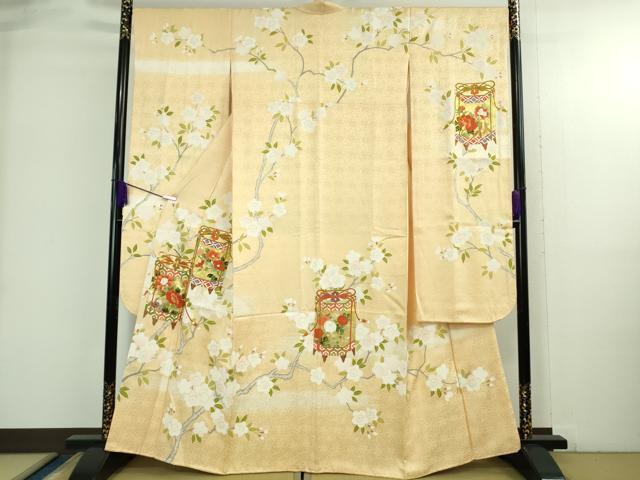 長閑やかさ屋中央局●飛び切り 振袖 駒刺しゅう 貝桶枝桜 蜂みつ色地 金彩 珠玉 DZAB3821kh6