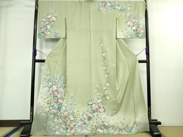 長閑やかさ屋中央局●飛び切り 短い訪問着 友禅 被子植物文 夏虫色地 暈し染め 金彩 ロング丈 珠玉 未当て嵌める DZAB3833kh6
