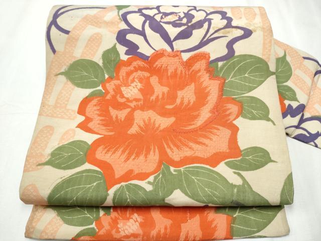 平和屋着物●アンティーク　大正ロマン　九寸名古屋帯　刺繍　桧扇花文　正絹　逸品　CABC5337hy｜平和屋