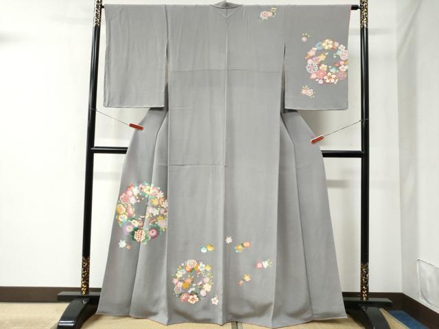 平和屋着物●訪問着　草花丸文　金彩　鬼しぼ縮緬　正絹　逸品　CABC6418yc｜平和屋