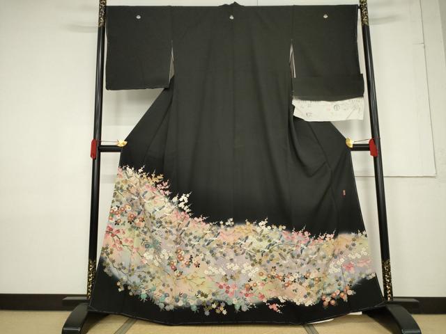 平和屋着物●豪華黒留袖　友禅　作家物　花鳥文　浜ちりめん　正絹　逸品　AABF3596ck｜平和屋