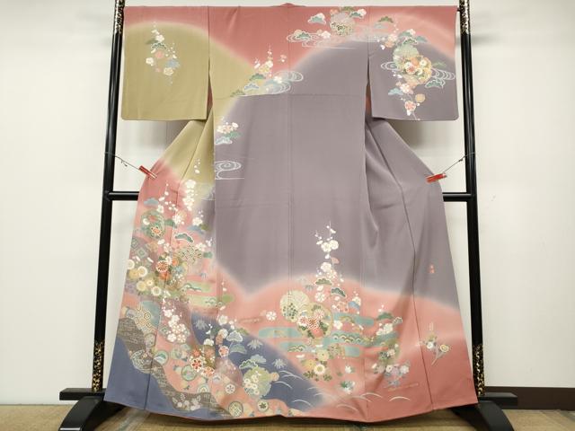 平和屋着物●訪問着　作家物　駒刺繍　道長雪輪草花文　暈し染め　金彩　正絹　逸品　CABC2307ut｜平和屋