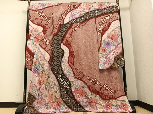 長閑やかさ屋御召しもの●晴れ晴れしい振袖 駒刺しゅう 絞り 花蝶文 金彩 正絹 珠玉 AABF6068ph