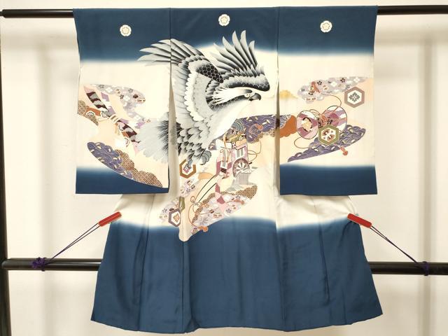 平和屋着物[]お宮参り　男の子　祝着　産着　初着　のしめ　鷹　鷲　御所車鼓花文　暈し染め　金彩　逸品　DABC5073ma｜平和屋