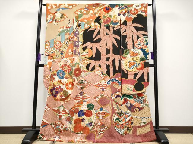 長閑やかさ屋御召しもの●飛び切り アンティーク 大正人情本 振袖 雪輪双鶴花丸文 黒地 金彩 珠玉 CYAA4234s6