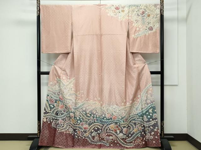 長閑やかさ屋御召しもの●飛び切り 短い訪問着 絵描き物 辻が花 絞り 暈し染め 銀通し地 赤香色地 珠玉 CZAA5021s6