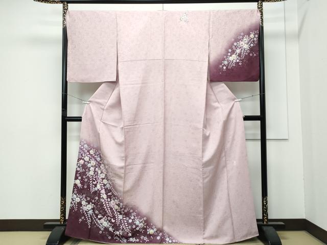 長閑やかさ屋御召しもの●飛び切り 越後十日町の第一級染匠 桐屋・翠山細工場 短い訪問着 辻が花 絞り 暈し染め 銀彩 琥珀色サクラ色色地 やまと誂製 珠玉CZAA5022s6