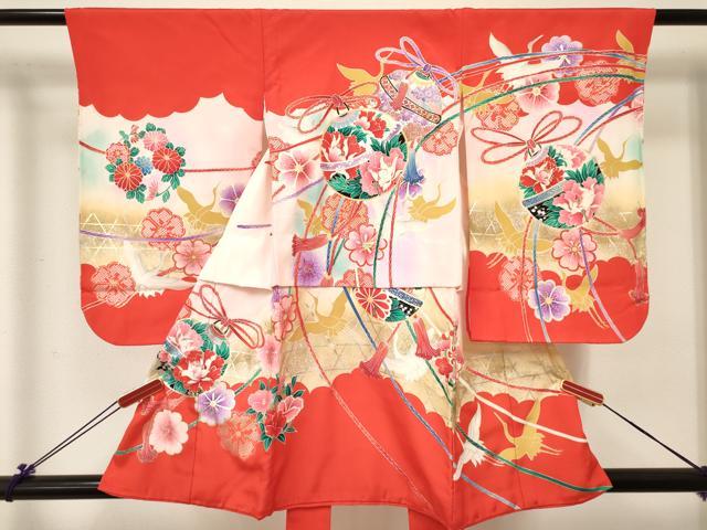 平和屋着物[]女の子　子供　３歳　祝着　三つ身　飛鶴鈴花文　暈し染め　金銀彩　逸品　DABC5426ma｜平和屋
