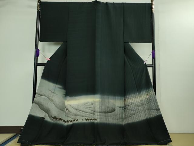 長閑やかさ屋御召しもの●飛び切り 短い訪問着 絵描き物 シルクロード キャメル 駱駝 暈し染め 銀彩 百入赤銅色地 ロング丈 珠玉 未当て嵌める DZAB2983kh6