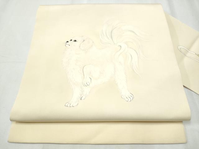 長閑やかさ屋お召しもの●塩瀬 九寸名古屋帯 墨付き 犬 正絹 珠玉 CABC5336hy