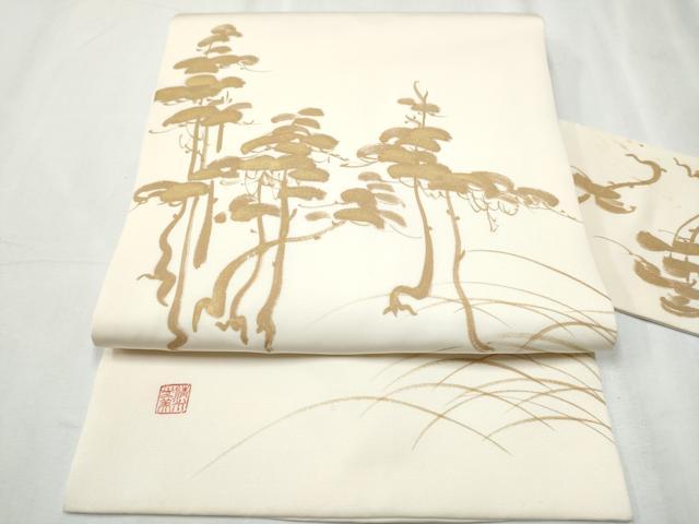 長閑やかさ屋お召しもの●日本芸術会正会員 湧き水光美 塩瀬 九寸名古屋帯 枝松文 金彩 正絹 珠玉 CABC5347hy