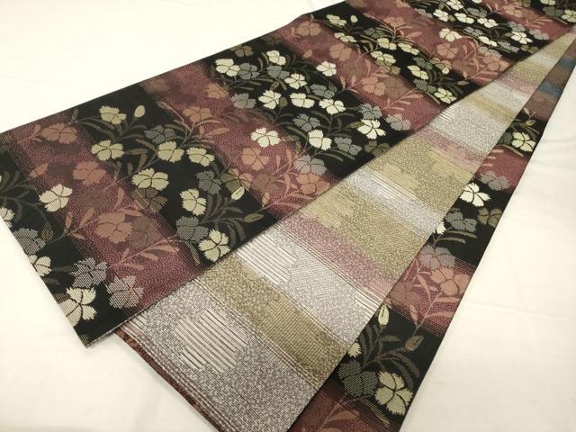 平和屋着物●両面　六通柄袋帯　横段草花文　金糸　正絹　逸品　CABC4668dy｜平和屋帯