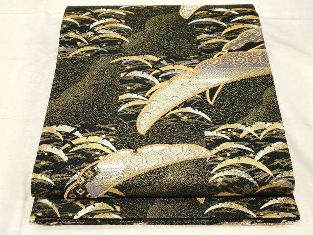 長閑やかさ屋お召しもの●京の名家 じゅらく謹製 六通柄袋帯 雪芝花文 黒地 金糸 さが美取りまわし 証紙付き添い人 正絹 珠玉 CABC4686dy