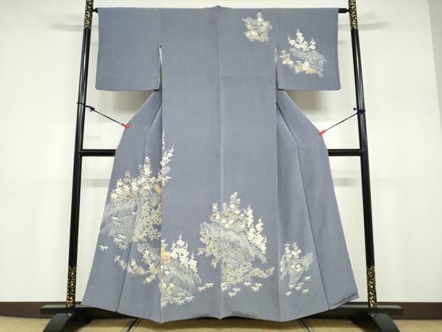 長閑やかさ屋御召しもの●短い訪問着 被子植物籬文 金彩 鬼しぼクレープ 正絹 珠玉 DABB0727ud
