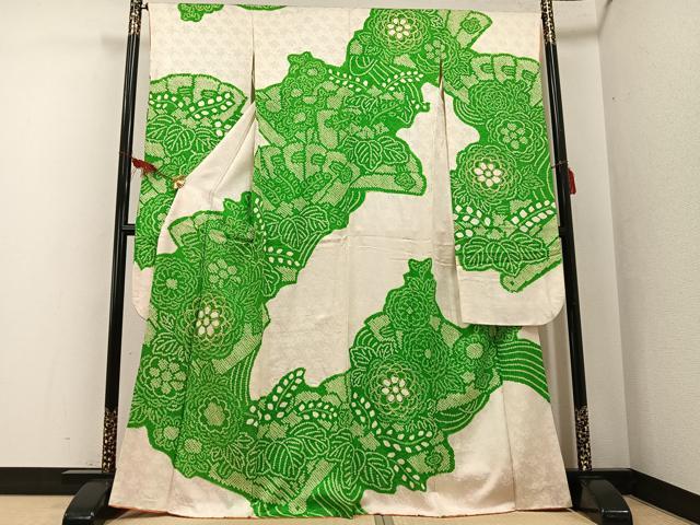 長閑やかさ屋御召しもの●晴れ晴れしい振袖 駒刺しゅう 絞り 被子植物文 正絹 珠玉 AABF6945ph