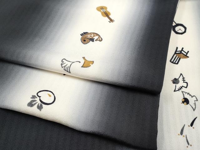 長閑やかさ屋御召しもの●飛び切り 小紋 毛の荒物インストゥルメント手あそび文 暈し染め 黒地 珠玉 CYAA4385s6