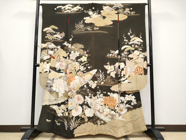 平和屋着物●極上　アンティーク　大正ロマン　振袖　駒刺繍　花舟文　黒地　金彩　逸品　CYAA4389s6｜平和屋 29,575円
