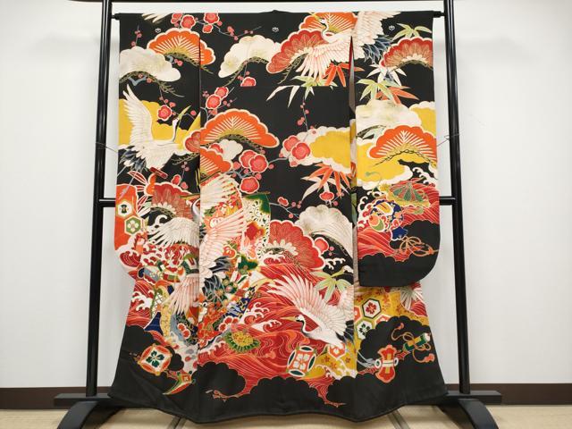 長閑やかさ屋中央局●飛び切り アンティーク 大正人情本 中国三大刺しゅう 相良刺しゅう 振袖 駒刺しゅう 飛鶴立波吉祥文 黒地 金彩 珠玉 CYAA4517s6